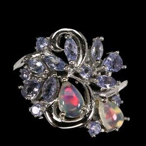 Unheated Fire Opal 6x4mm & Tanzanite 925 Sterling Silver Ring Sz‎ 6.5